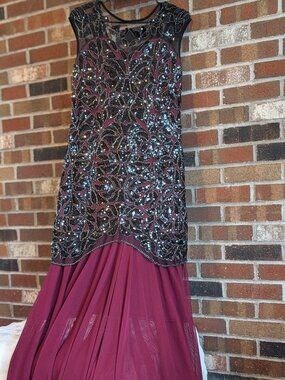 Vintage Elegant Beaded Sequined Mermaid Formal Dress Gown Wine Burgundy